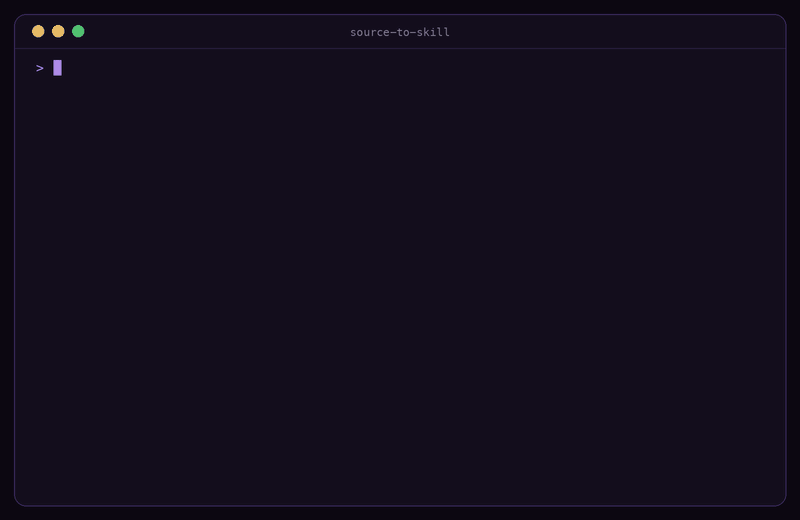 Screen recording of a real run: source-to-skill extracts a 3Blue1Brown lecture, shows the token estimate, and generates an agent skill whose answers link exact timestamps in the video.